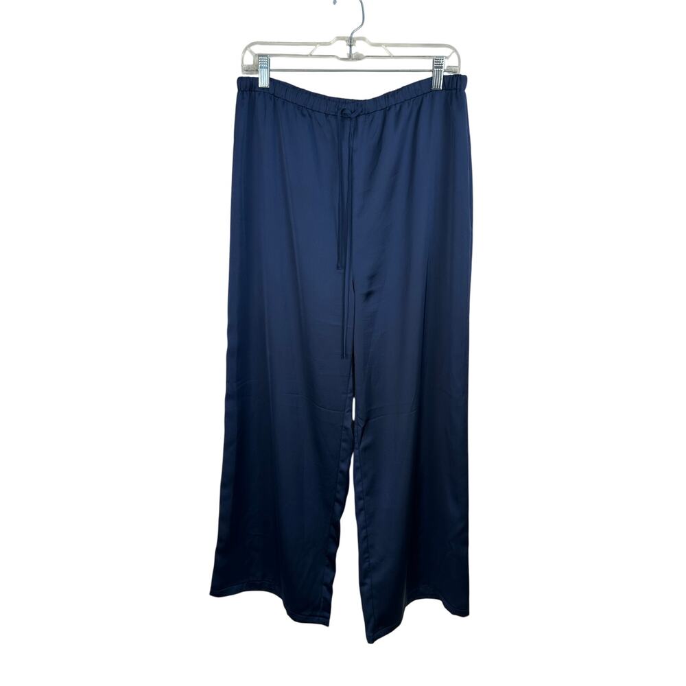 Equise Navy Blue Satin Wide Leg Crop Pants Elastic Waist Flowy Lounge Medium